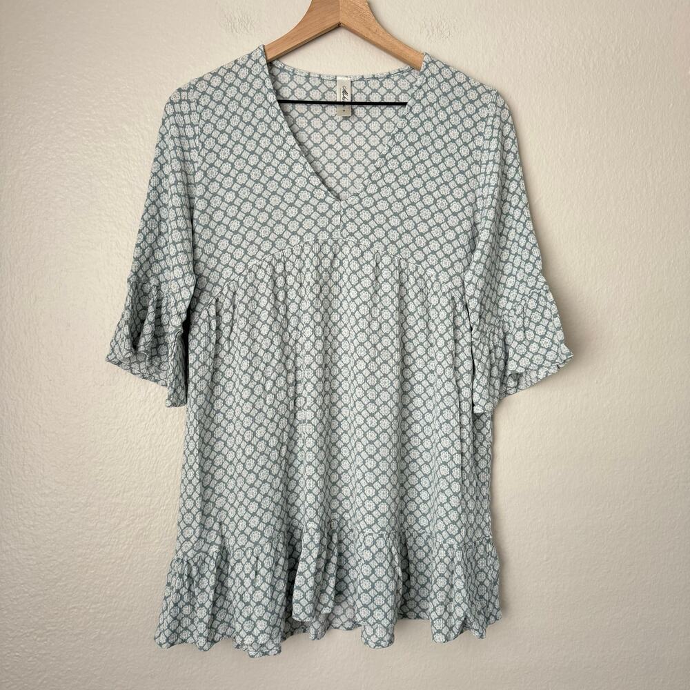 Mahina Womens Blue Ruffle Mini Dress Tiered 3/4 Sleeve V-Neck Dress Size Medium